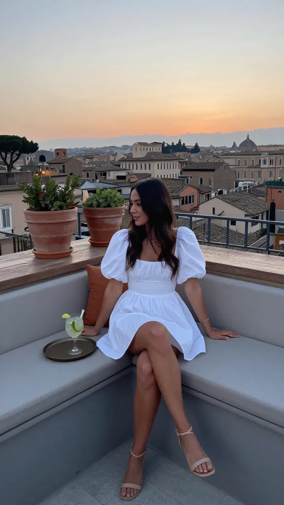 A rooftop terrace in Rome: white mini dress with puff sleeves, nude sandals, perched on low seating with a lime spritz on a tray, terracotta pots and city skyline at sunset, soft haze over ancient rooftops.