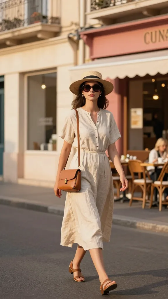 A chic European street scene at golden hour with a woman wearing a breathable midi linen dress, tan crossbody bag, straw hat, and oversized sunglasses, strolling past pastel storefronts and a café terrace.