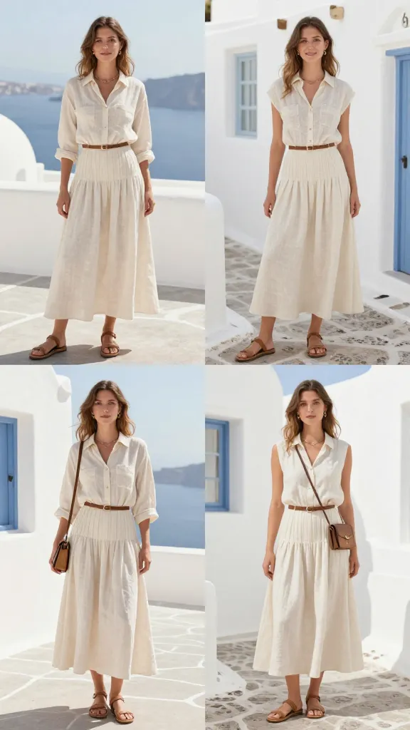 Move-through montage: a light linen button-down tucked into a flowing ankle-length skirt, paired with comfortable sandals, a slim waist belt, and a compact crossbody bag, backdropped by a whitewashed alley in Santorini.