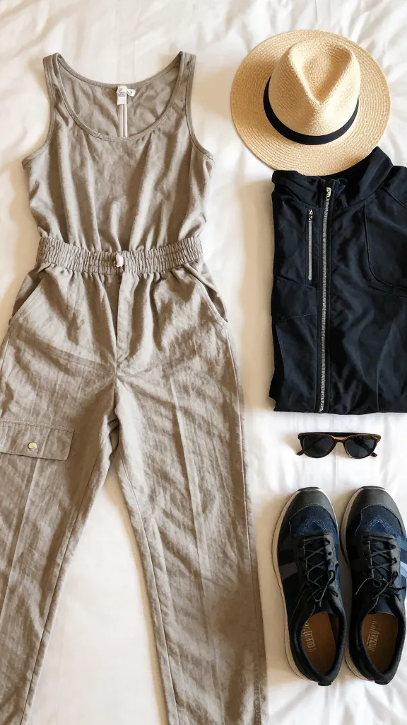 Close-up of a traveler’s packing list laid out on a hotel bed: lightweight jumpsuit, breathable cotton top, linen trousers, versatile jacket, sunhat, sunglasses, and a pair of stylish walking shoes.