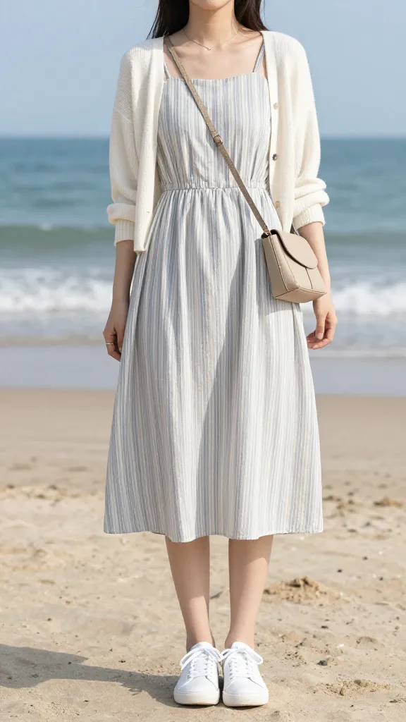 Seaside boardwalk scene with a woman in a breathable striped cotton dress, white sneakers, and a lightweight cardigan draped over shoulders, carrying a minimalist crossbody bag; the ocean in the background.