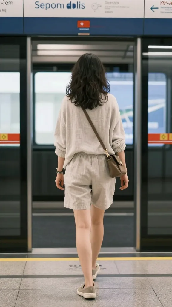 Train station interior: traveler in moisture-wicking top, linen shorts or culottes, comfortable slip-on shoes, a light cardigan, and a small crossbody bag, moving through glass doors with platform signs.