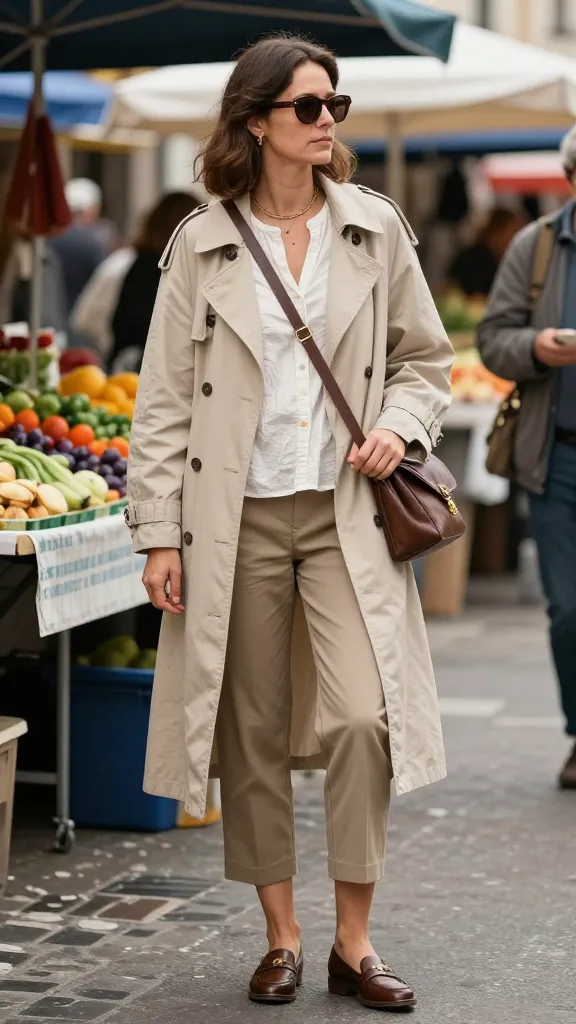 Market day in a European city: a layered look featuring a breathable cotton blouse, lightweight trench or cardigan, cropped pants, stylish loafers, and a crossbody bag, with a vendor stall and colorful produce.