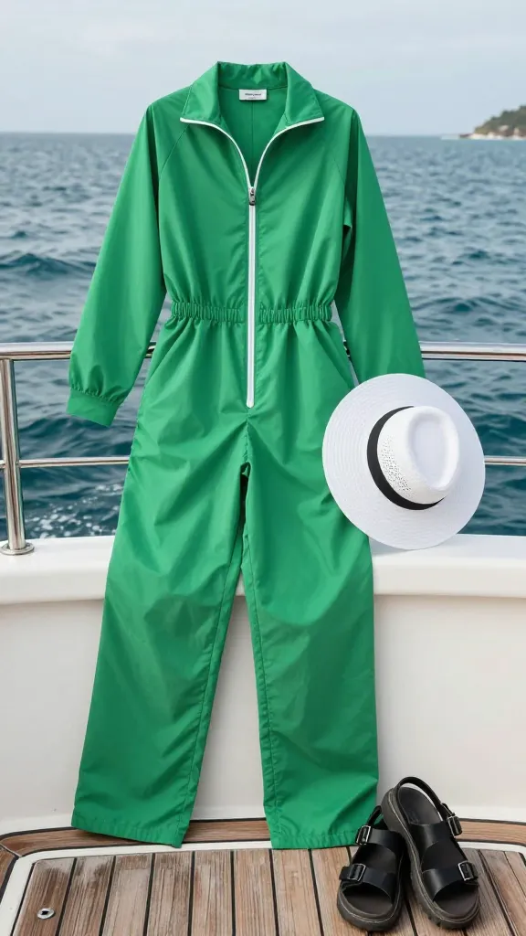 A candid port-side boat deck scene: quick-dry lightweight jumpsuit in tropical green, a white sunhat, and a pair of chunky sandals, with waves and a distant horizon.