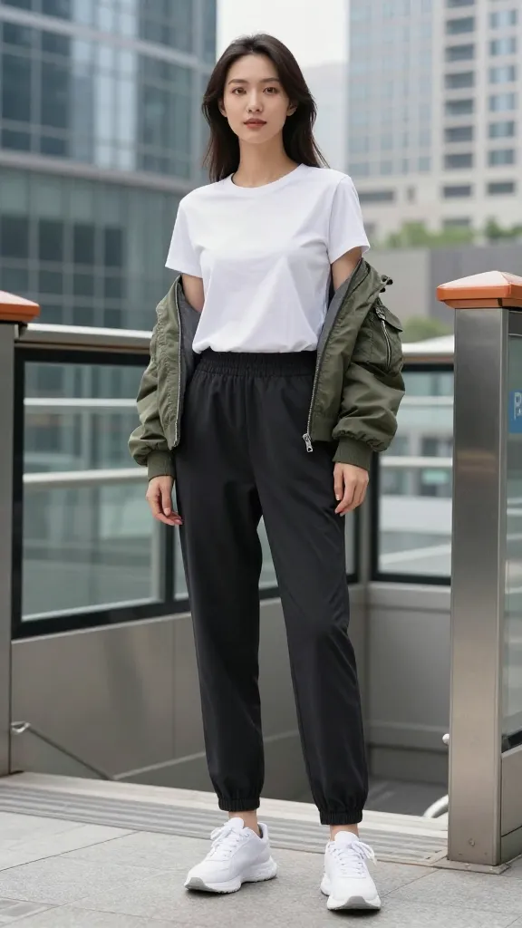 Casual city commute: a simple tee, breathable pants, a water-resistant bomber, and white sneakers, with a subway entrance and modern glass buildings in the backdrop.