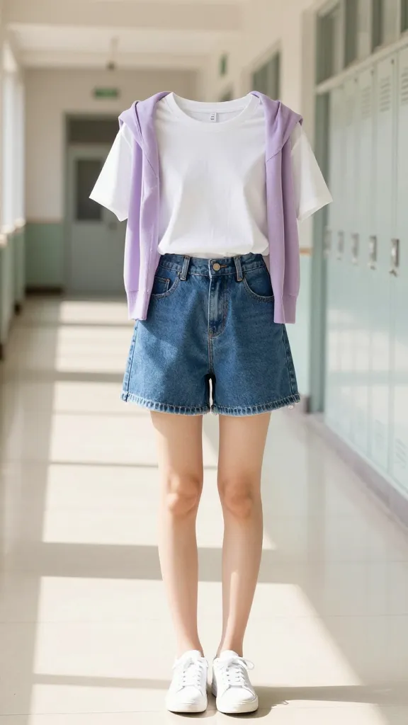 A bright high-waisted denim shorts outfit with a breathable white cotton tee, white sneakers, and a light lavender cardigan draped over the shoulders, set against a sunny school hallway with lockers in the background.