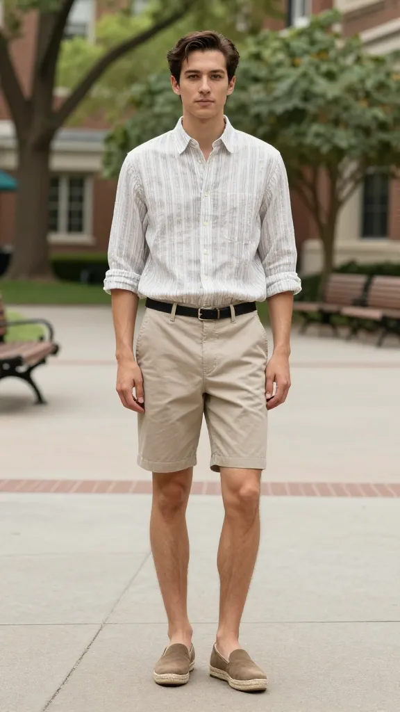 A minimalist capsule look featuring a striped linen-blend button-up tucked into neutral chino shorts, espadrilles, and a slim belt, captured on a campus courtyard with green trees and benches.
