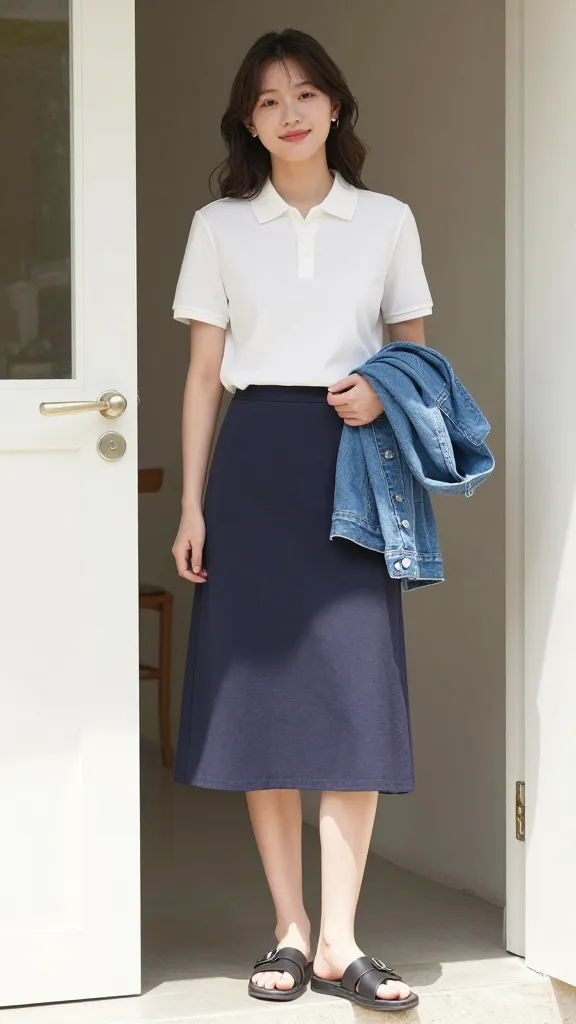 A casual chic outfit: moisture-wicking polo tucked into a knee-length A-line skirt, pair of slides, and a lightweight denim jacket folded over one arm, standing by a doorway with natural light.