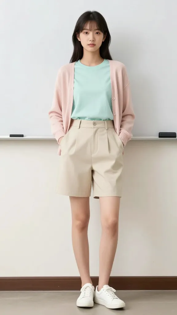 A soft pastel color palette: mint tee, beige high-waisted shorts, lightweight cardigan in blush, white sneakers, posed near a classroom whiteboard with hands in pockets.