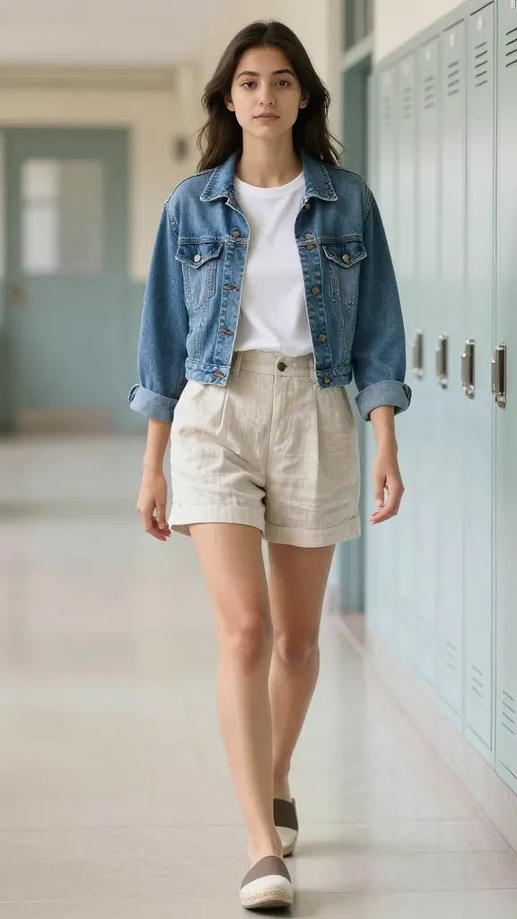 A layered summer outfit: breathable cotton tee under a cropped denim jacket, high-waisted linen shorts, and slip-on espadrilles, pictured walking along a school hallway with lockers in soft focus.