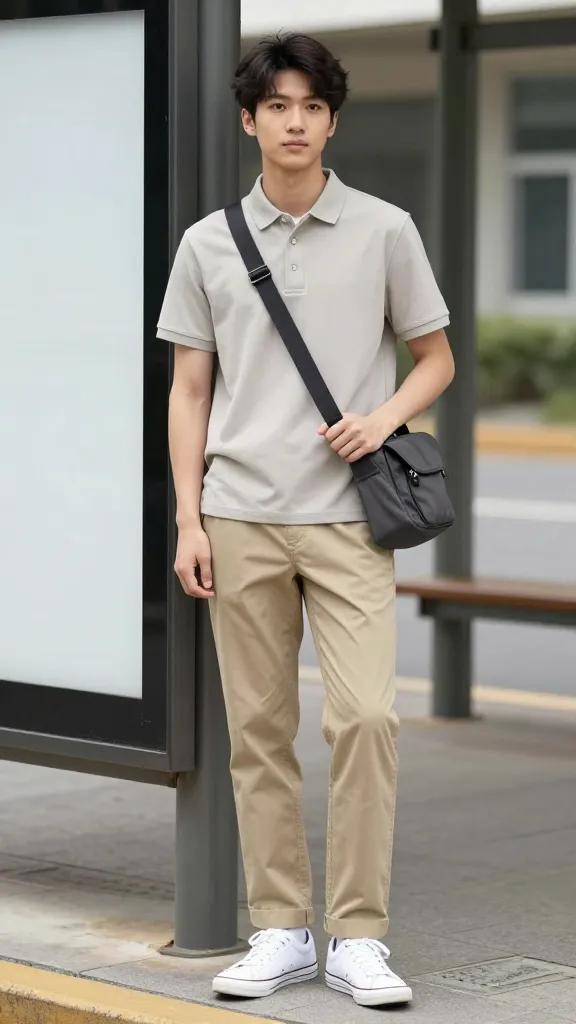 A practical school-ready look: neutral-toned polo, khaki lightweight chinos, crossbody bag, and low-profile sneakers, posed near a bus stop or school entrance.