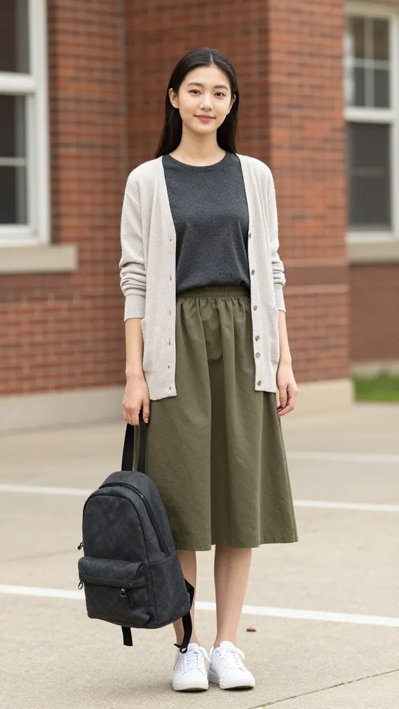 A capsule mix-and-match moment: charcoal tee with a light cardigan over an olive skirt, white sneakers, and a small backpack, photographed against a brick school building exterior.