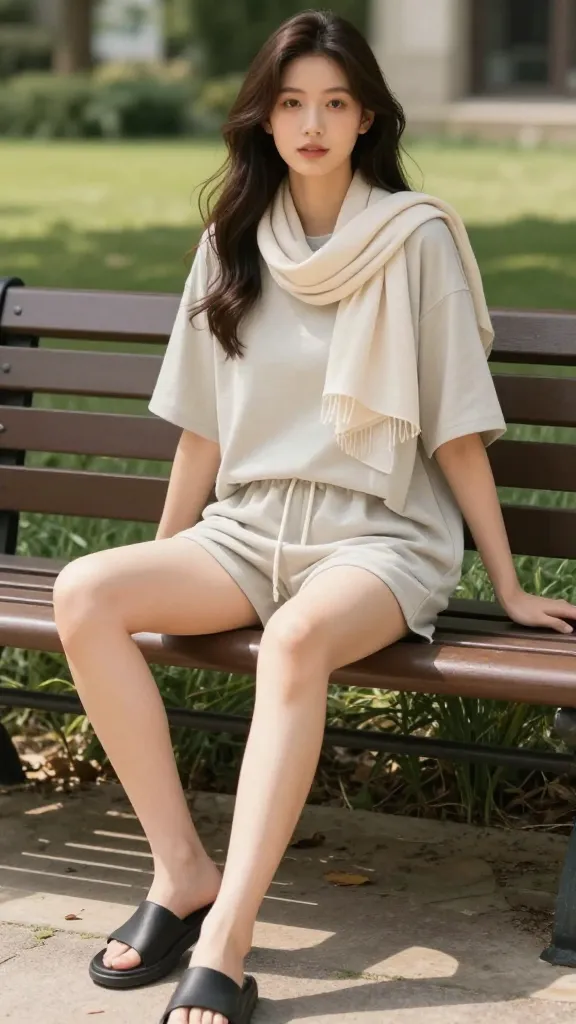An all-day comfort ensemble: oversized breathable tee, drawstring shorts, slide sandals, and a lightweight scarf as a subtle accessory, seated on a bench outside with sunlit grounds.