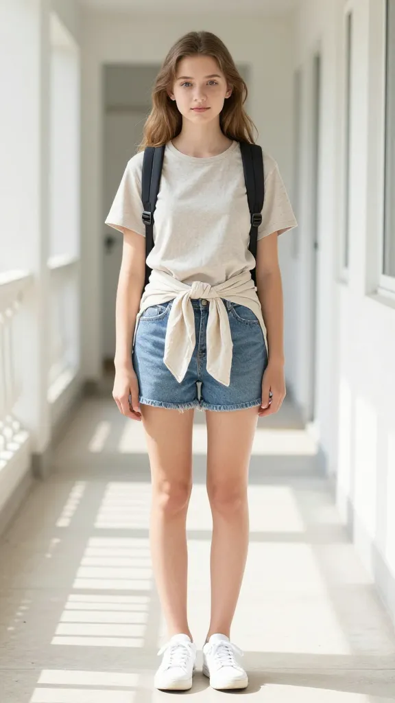 A teen girl standing in a sunlit hallway, wearing a neutral cotton tee tucked into mid-rise denim shorts, paired with white sneakers, a lightweight linen-blend button-down tied at the waist, and minimal backpack, natural makeup, carefree pose, bright summer vibe.