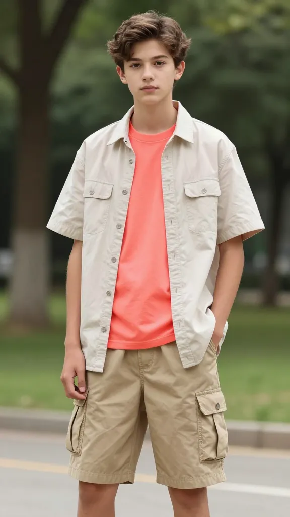 A teen modeling a bold color pop: neutral base outfit with a bright coral statement tee layered under an open short-sleeve button-down, paired with khaki cargo shorts, outdoor park background.