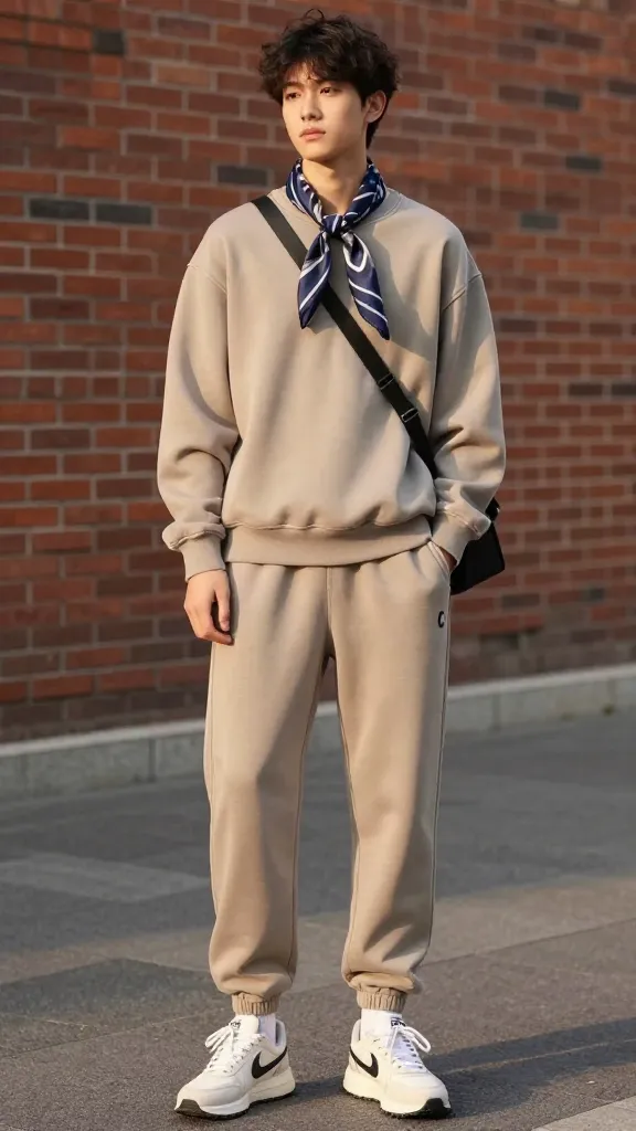 Street-style shot: teen wearing a breathable jogger set (soft fabric, relaxed fit) with a patterned scarf tied casually, sneakers, and a crossbody bag, urban brick backdrop and soft golden hour lighting.