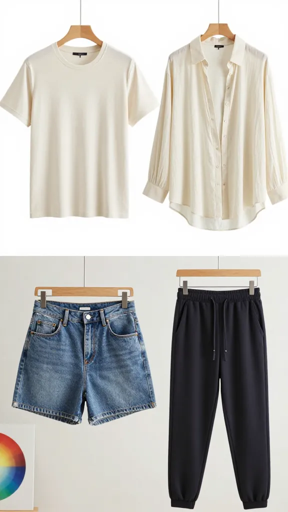 Day-in-the-life outfit collage: top row shows a cotton tee with a flowy lightweight button-down, bottom row shows two bottoms (denim shorts and breathable joggers) on a rack, color wheel swatch subtly visible.