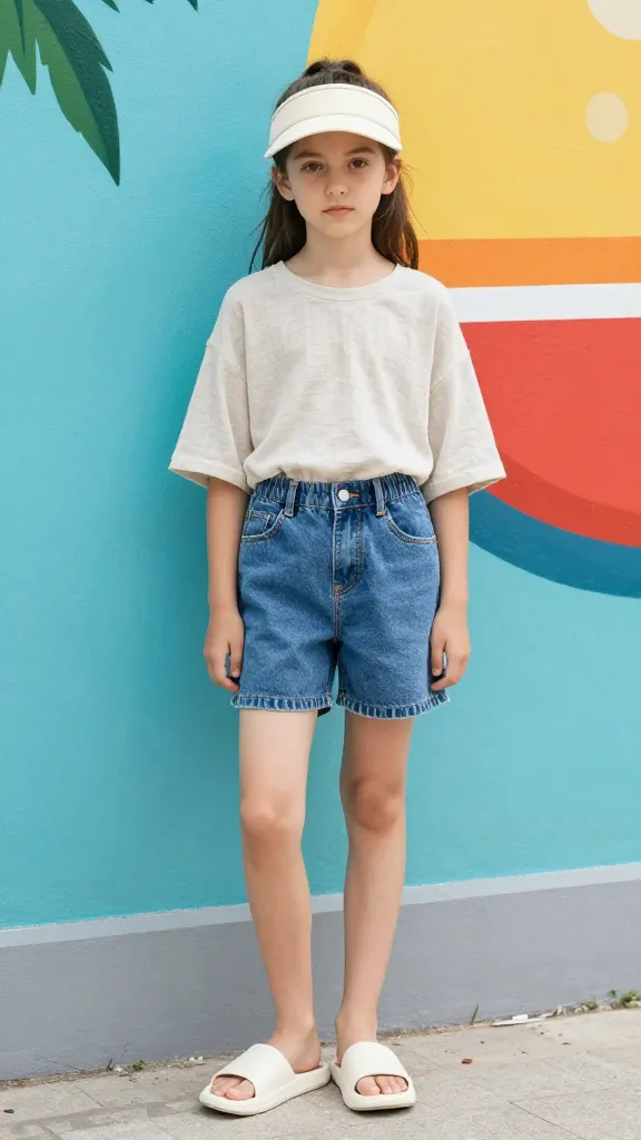 Beach-meets-urban look: teen in loose-fitting linen-blend tee, high-waisted denim shorts, sporty slides, and a minimal visor, standing near a mural with bright summer colors.