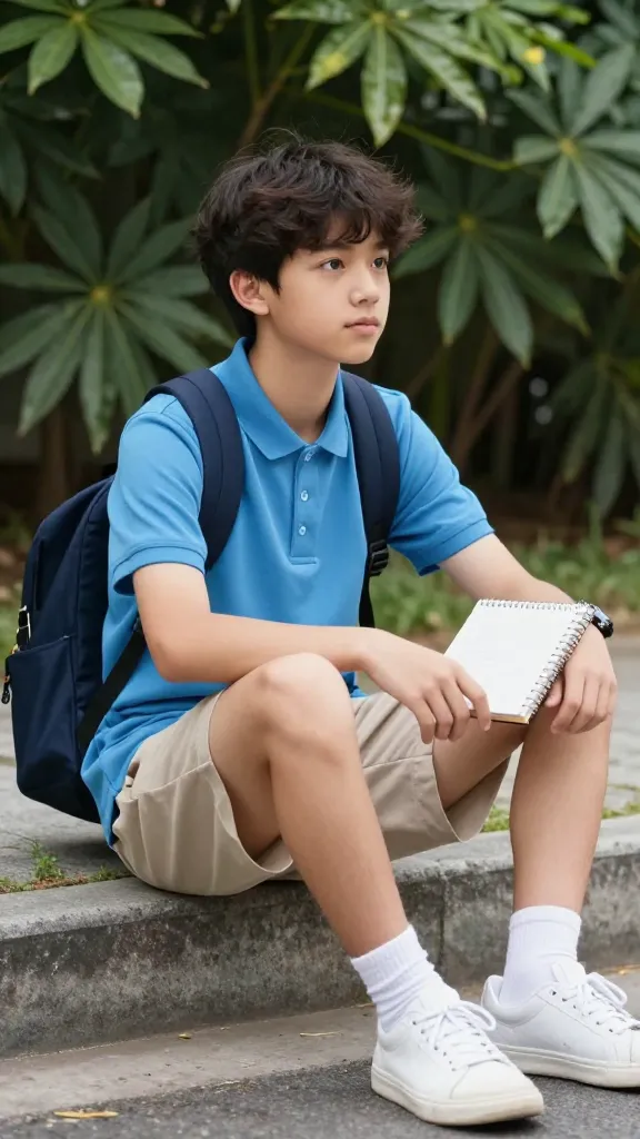 Tech-free study break look: teen in a breathable polo with soft shorts, simple sneakers, and a small backpack, seated on a curb with a notebook and plant backdrop for contrast.