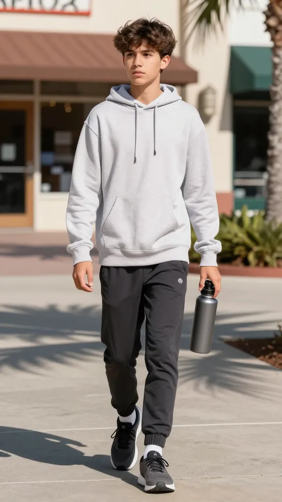 Outdoor gym-to-class transition: teen in a lightweight hoodie layered over a breathable tee (visible breathability fabric texture), paired with joggers, sneakers, and a water bottle, storefronts and palm shadows in background.