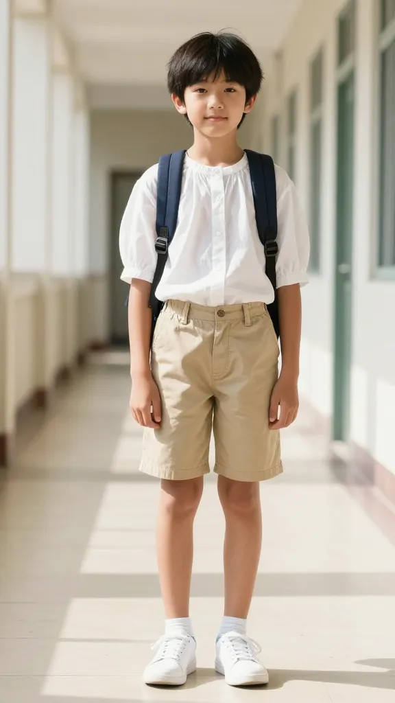 A bright, sunlit school hallway featuring a student wearing lightweight khaki chino shorts, a breathable white cotton blouse, clean white sneakers, and a small backpack, with a cool and confident pose.