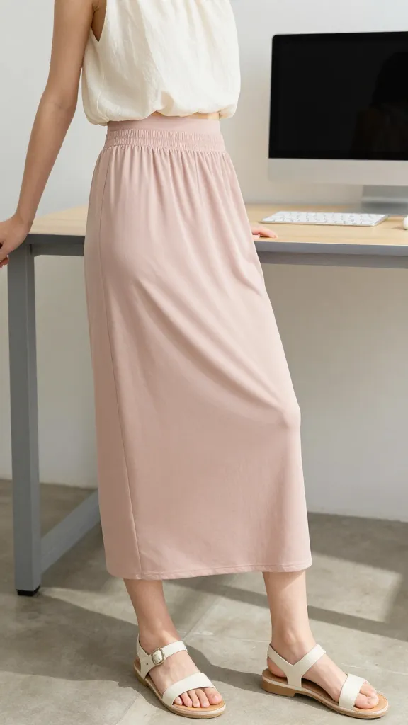 A classroom scene with a student in a pastel-toned breathable skort, tucked-in airy top, and sandals, sitting at a desk with a minimalist desktop setup and natural daylight.