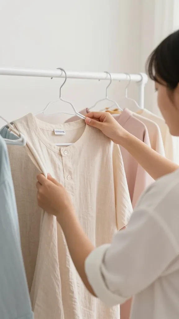 A candid morning prep moment: a student inspecting fabric labels on a hanger—cotton, linen, rayon blends—on a well-lit bedroom rack, with a pastel color palette.