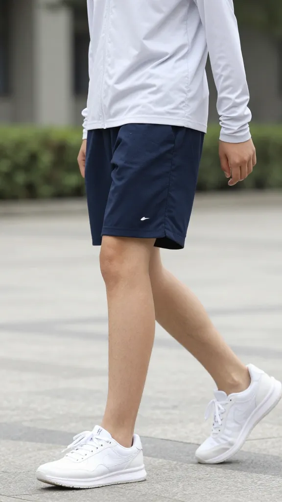A dynamic action shot of a student walking through a school quad in breathable athletic shorts under a light, breathable top, with moisture-wicking fabric visible at the sleeve.