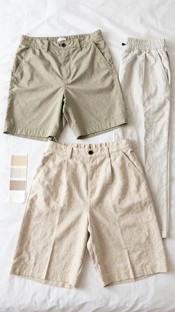 An image of three outfit options laid out on a bed: chino shorts, light linen pants, and a pair of culottes, each with a small fabric swatch showing color and texture.