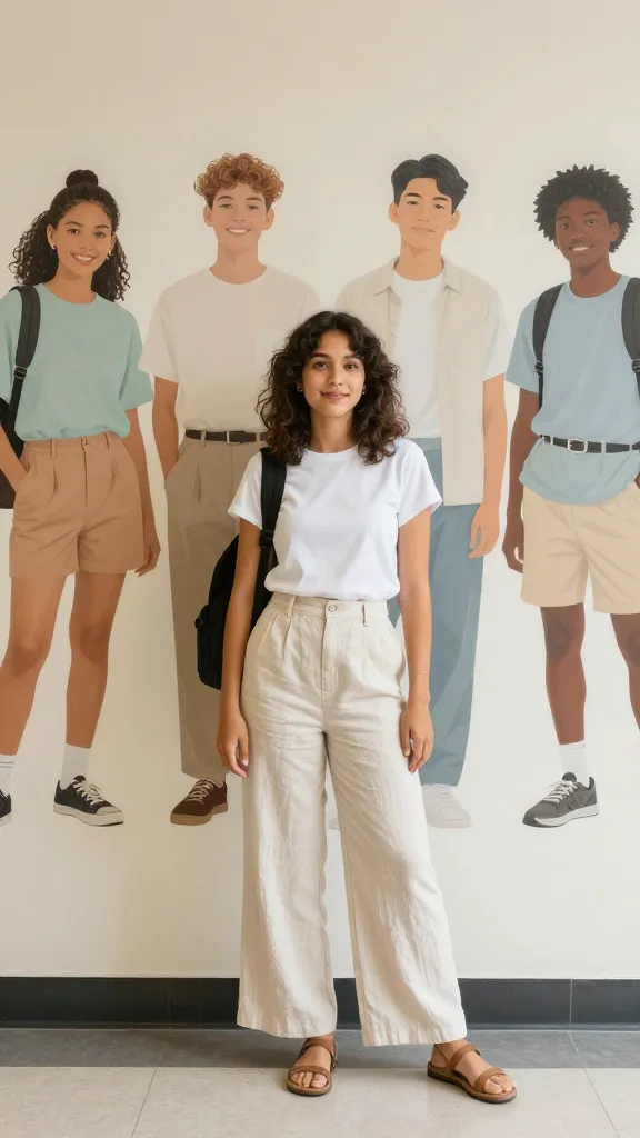 A teen-friendly school hallway mural backdrop featuring diverse students wearing quick-dweam outfits (shorts, wide-leg linen pants, skirts, and skorts) in light colors that reflect heat, posed casually with backpacks.