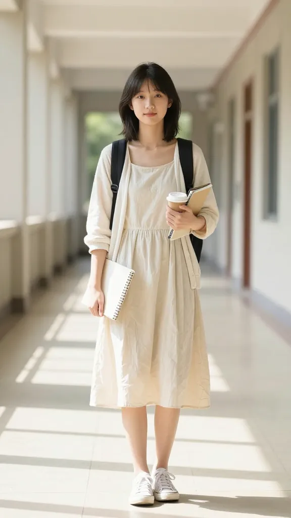 A bright university hallway with tall ceilings, summer sunlight streaming through windows, a student wearing a breathable cotton sundress with a lightweight cardigan draped over shoulders, sneakers, and a slim backpack, carrying a notebook and coffee, soft bokeh in the background.