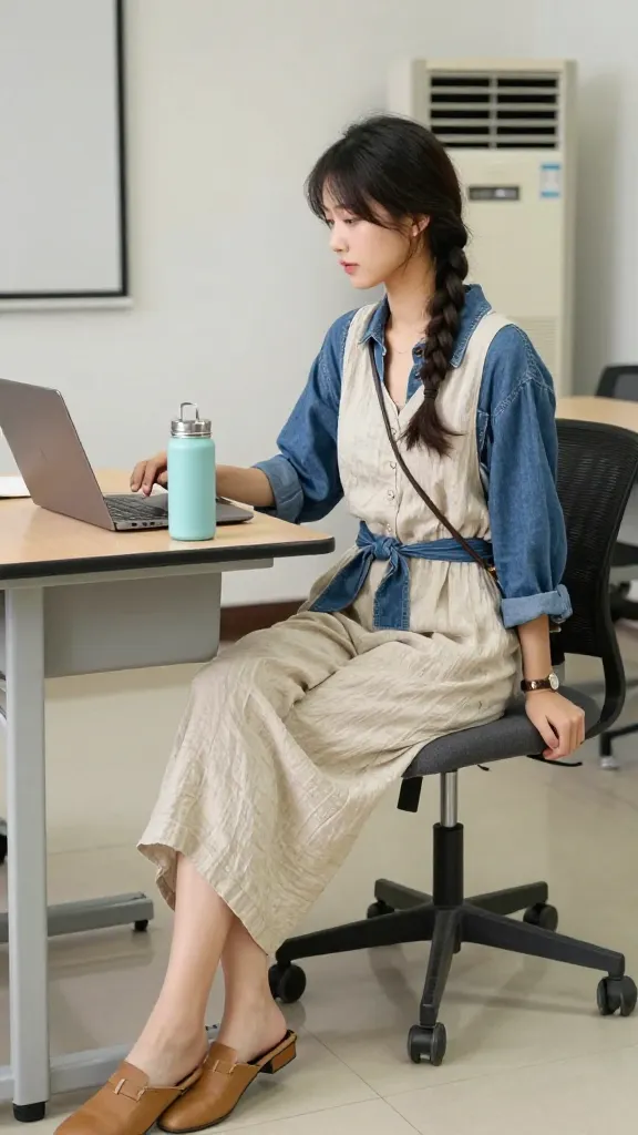 Classroom scene with a braided-haired student in a breathable linen-blend jumpsuit, low-heeled mules, a thin denim jacket tied at the waist, and a crossbody bag, sitting at a desk with a laptop and a reusable water bottle, air conditioner visible in the background.
