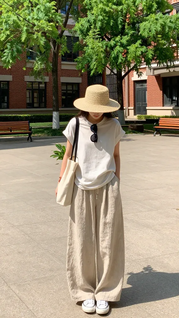 Outdoor campus quad on a sunny day, student in a wide-leg breathable linen pant set, white sneakers, wide-brim straw hat, and sunglasses tucked into the neckline, a tote bag with a plant poking out, green trees and campus benches around.
