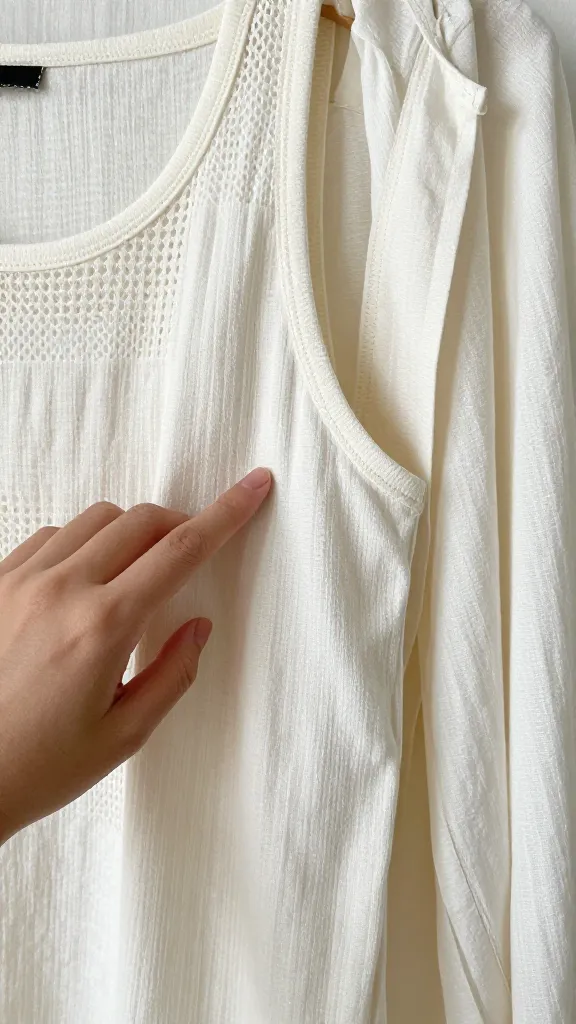 Close-up of fabric textures: a hand sliding along a light cotton gauze top, breathable mesh paneling on a tank top, and a soft rayon-blend cardigan, with soft natural lighting emphasizing airy fabrics.