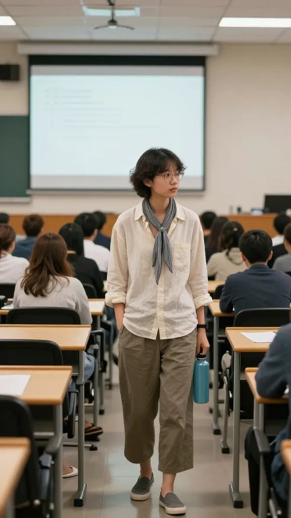 Morning lecture hall at full capacity: student in a breathable button-down linen shirt, culotte pants, slip-on sneakers, a thin scarf for layering, and a reusable water bottle, with rows of desks and a projector screen.