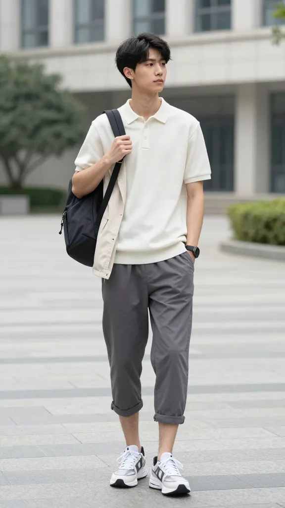 Quick transit between buildings: student in a breathable knit polo, capri jogger pants, sporty sneakers, a lightweight windbreaker carried over one shoulder, and a small sling bag, urban campus backdrop.
