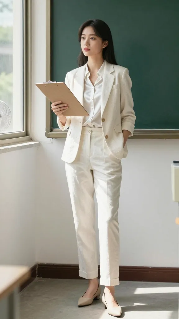 Summer presentation prep: student in a crisp linen-blend blazer, breathable satin-like blouse, tailored trousers, pointed-toe flats, and a compact clipboard, side window with sun streaming and a fan subtly visible.