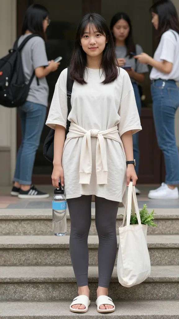 Post-class chill on the steps: student in an oversized breathable cotton tunic over leggings, slide sandals, a lightweight cardigan tied around the waist, a water bottle and tote bag with a small plant, friends chatting in the background.