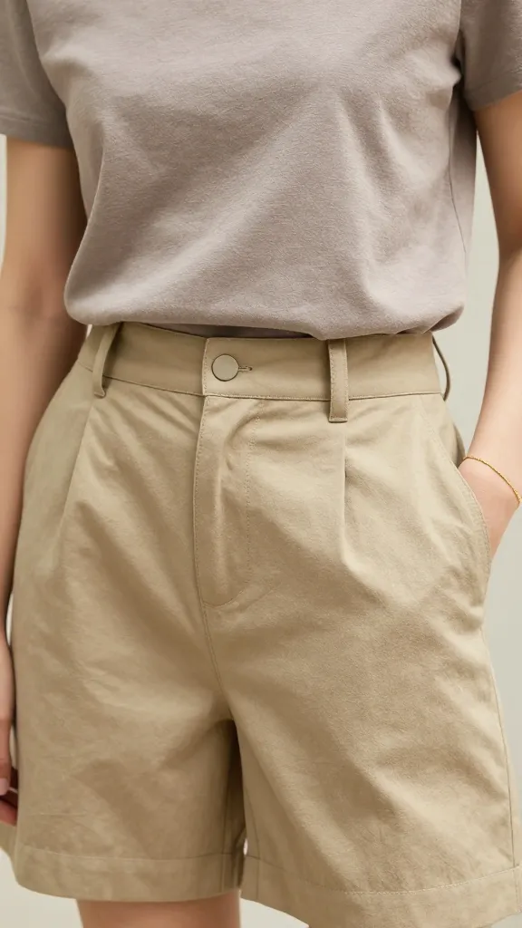 Close-up shot of a chic, breathable cotton linen-blend outfit: a fitted tee in a soft taupe color tucked into high-rise khaki shorts, a slim belt, and a thin gold bracelet, capturing texture and fabric detail in natural daylight.