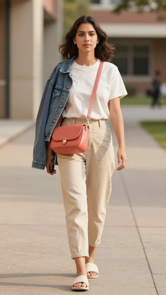 Full-body street-style look on a campus walkway: neutrals including cream, beige, and ivory, with a bold pop of coral in a cross-body bag, lightweight denim jacket slung over the shoulder, and slide-on sandals, under warm afternoon sun.
