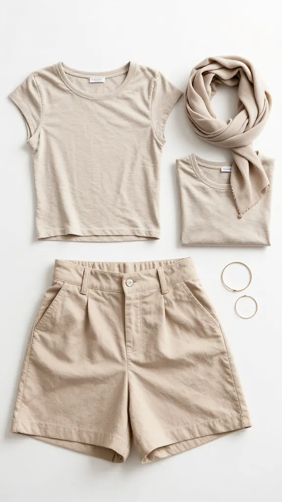 Flat lay of foundations: neatly arranged clothing and accessories on a clean surface—cropped tee, high-waisted shorts, a second neutrals-only tee, a lightweight scarf, and two subtle jewelry pieces—emphasizing color story and fabric textures.