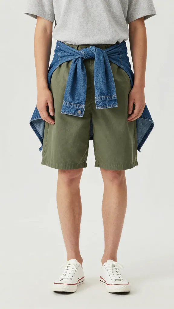 A mid-length shot of a model in a pale gray tee, olive-green shorts, white canvas sneakers, and a lightweight denim jacket tied around the waist, capturing a balanced color story and fit that skim the body.