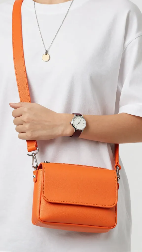 Close-up of a look focused on accessories: a simple pendant necklace, a slim watch, and a small crossbody bag in a single pop color, photographed on a clean background to show how subtle details elevate a basic outfit.