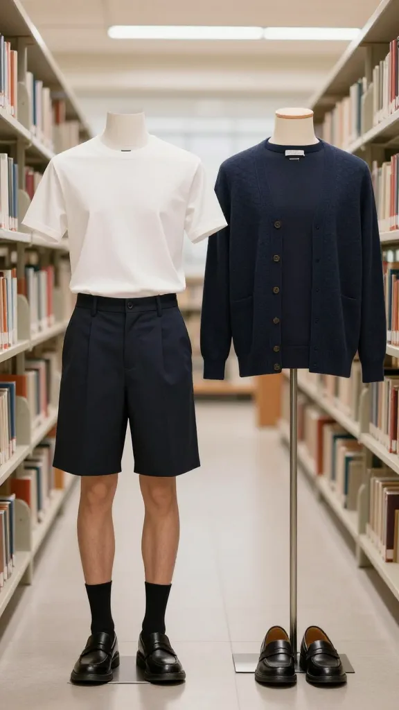 A campus library scene with a put-together ensemble: a form-fitting tee, high-waisted navy shorts, a structured cardigan, and loafers, arranged to convey polished readiness in a quiet, well-lit space.