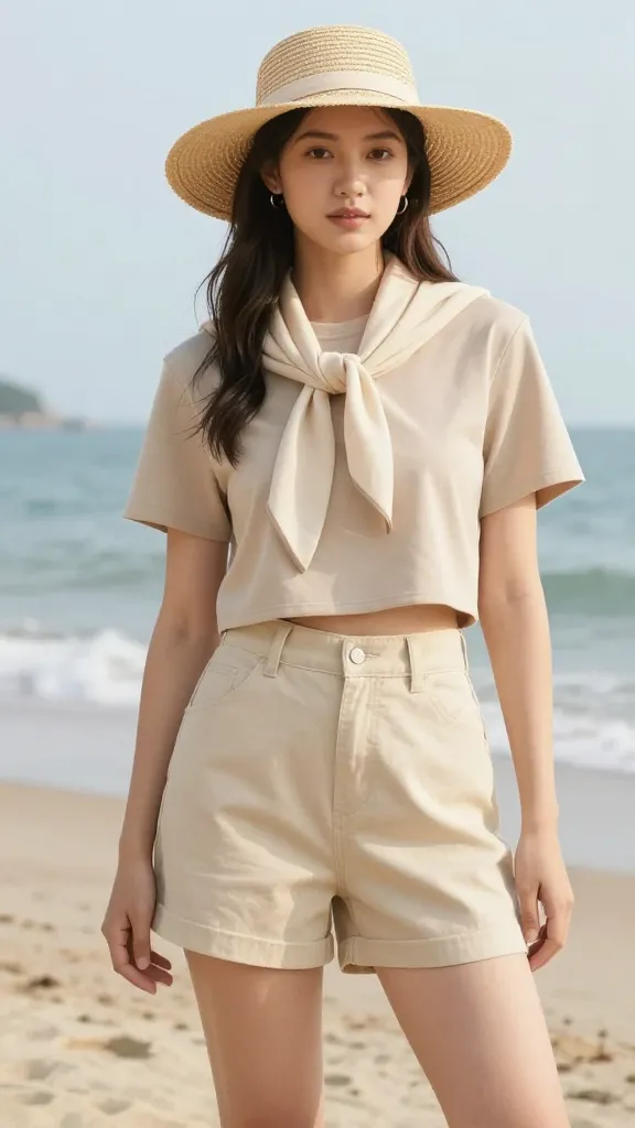 A beachy-leaning school drive: cropped tee in sand tone, high-waisted light-wash shorts, breathable fabrics like cotton, with a straw hat and lightweight scarf, shot outdoors with soft coastal morning light.