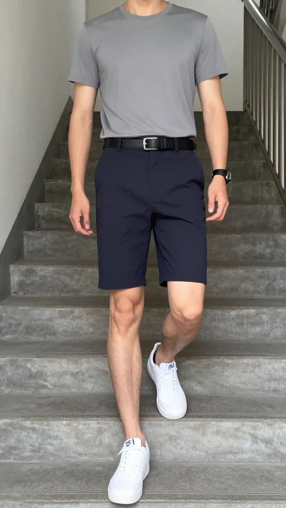 A dynamic movement shot on a stairwell landing: a student walking up stairs in a fitted tee and tailored shorts, a sleek belt, and clean sneakers, emphasizing how fit, color coordination, and fabric choice create a polished, effortless vibe.