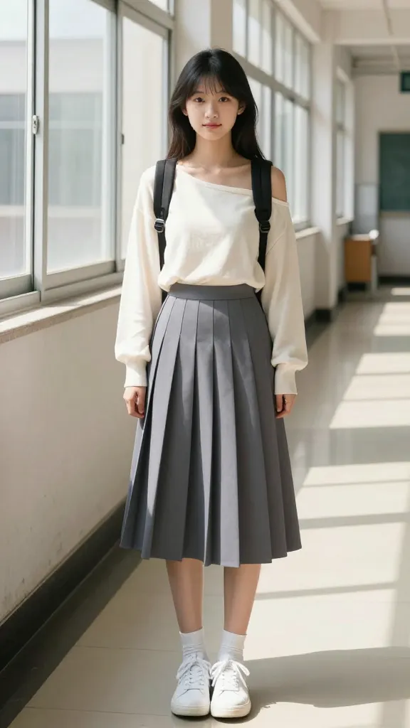 A bright classroom hallway with a student wearing a knee-length pleated skirt, a breathable off-shoulder top paired with a lightweight cardigan draped over shoulders, white sneakers, and a small backpack, sunny day through windows.