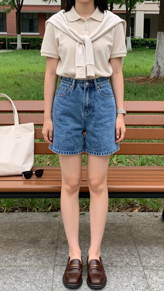 A campus quad scene featuring a student in high-waisted denim shorts with a tucked-in polo shirt, a lightweight cardigan tied around the shoulders, and closed-toe loafers, a tote bag and sunglasses resting on the bench.
