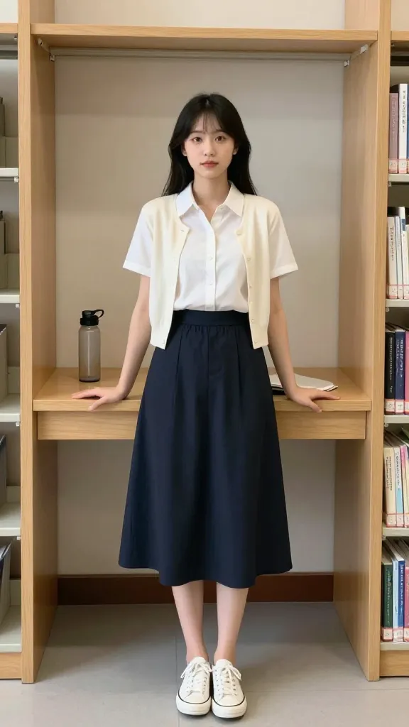 A library study nook with a student in a midi skirt, short-sleeve button-down tucked in, a thin cardigan over the shoulders, and minimalist sneakers, a water bottle and notebook on the desk.