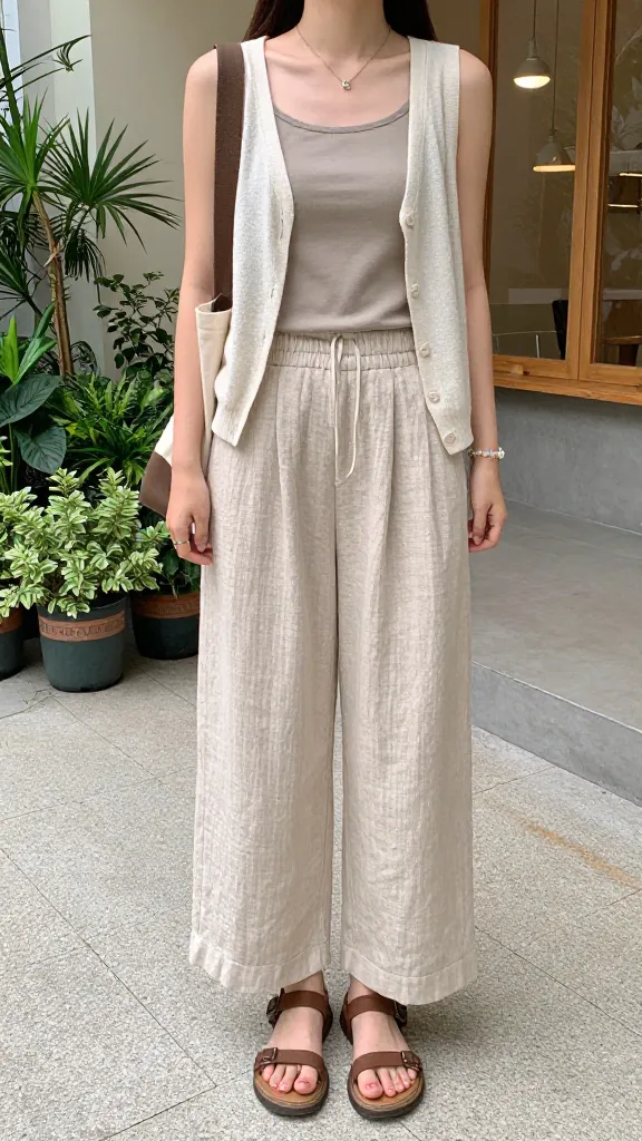 A cafeteria courtyard shot of a student in wide-leg linen pants, a sleeveless top with a lightweight cardigan, sandals with ankle straps, and a crossbody bag, plants and a coffee shop in the background.